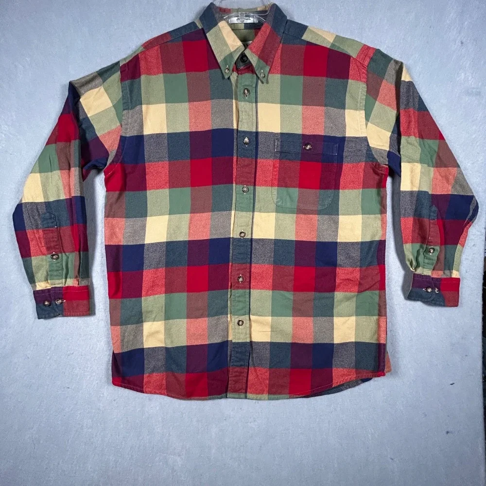 Orvis Flannel Shirt Mens Large Bright Buffalo Plaid Button Down Cotton Twill